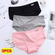 Simples Market 3Pcs cotton women's panties in black, gray, and pink; plus-size soft briefs.