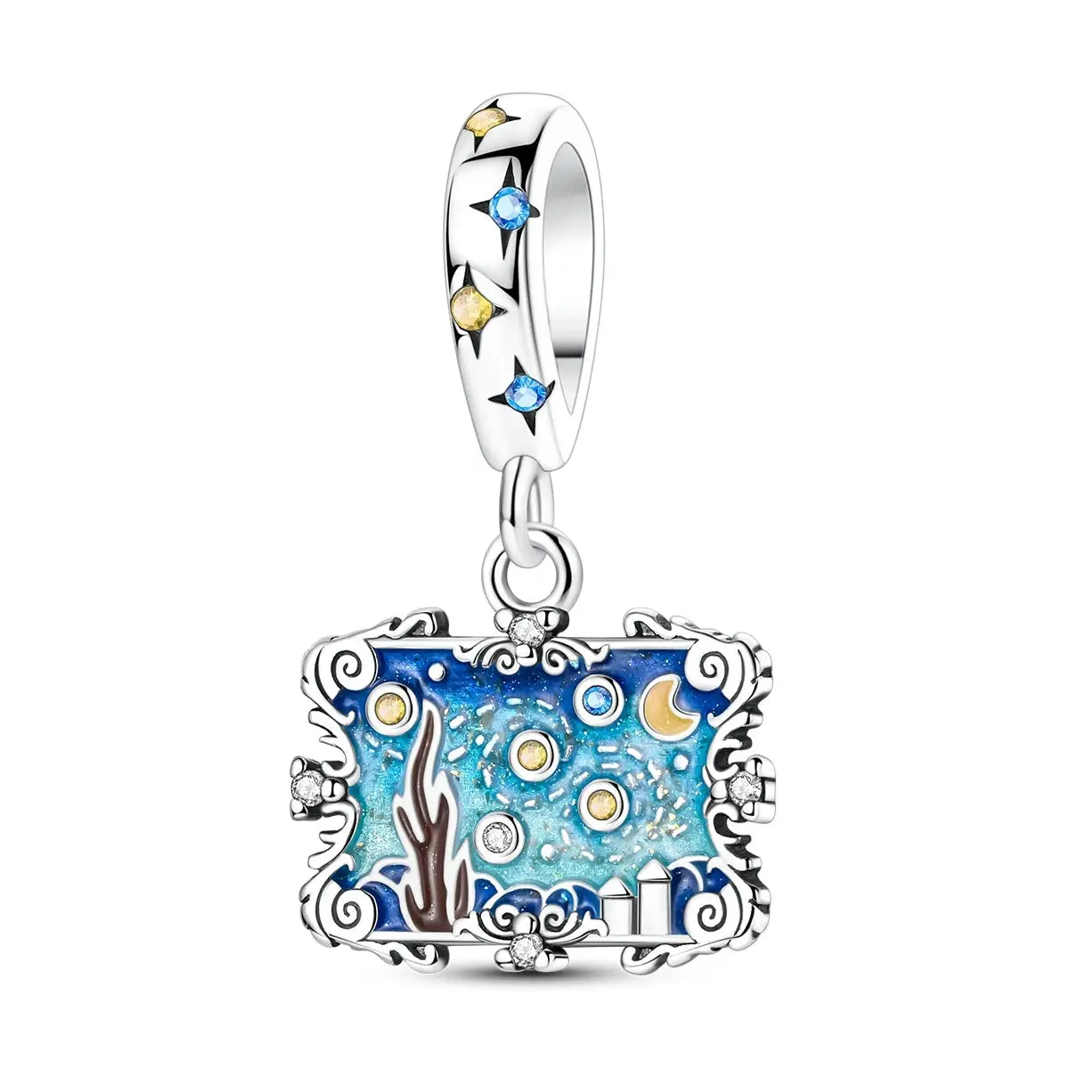 Van Gogh Starry Night charm pendant in 925 silver with blue enamel night-sky scene and crystals