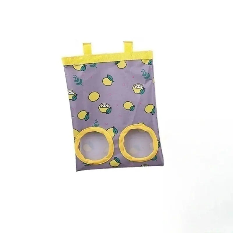 Rabbit hay bag by Simples Market with 2/3-hole design, hanging dry grass feeder, purple fabric with yellow trim