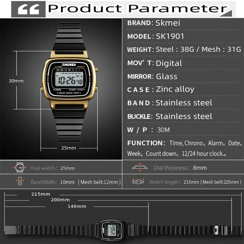 Skmei Women Digital Chronograph Wristwatch Stainless Steel Strap 30M Water Resistant Fashion Timepiece