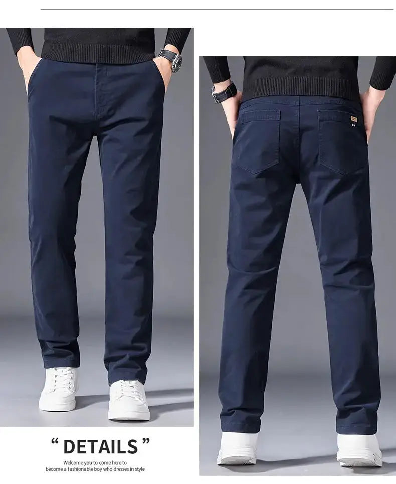 Simples Market men's cotton pants, navy, elastic waist, straight-leg casual/business trousers