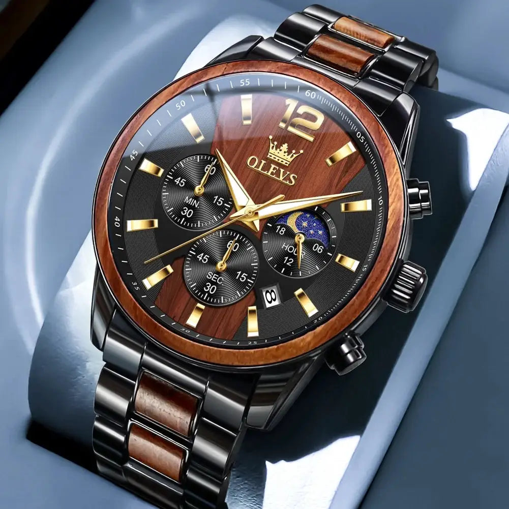 OLEVS men's wooden wristwatch with black dial, gold-tone hands, date window, and brown wood bezel