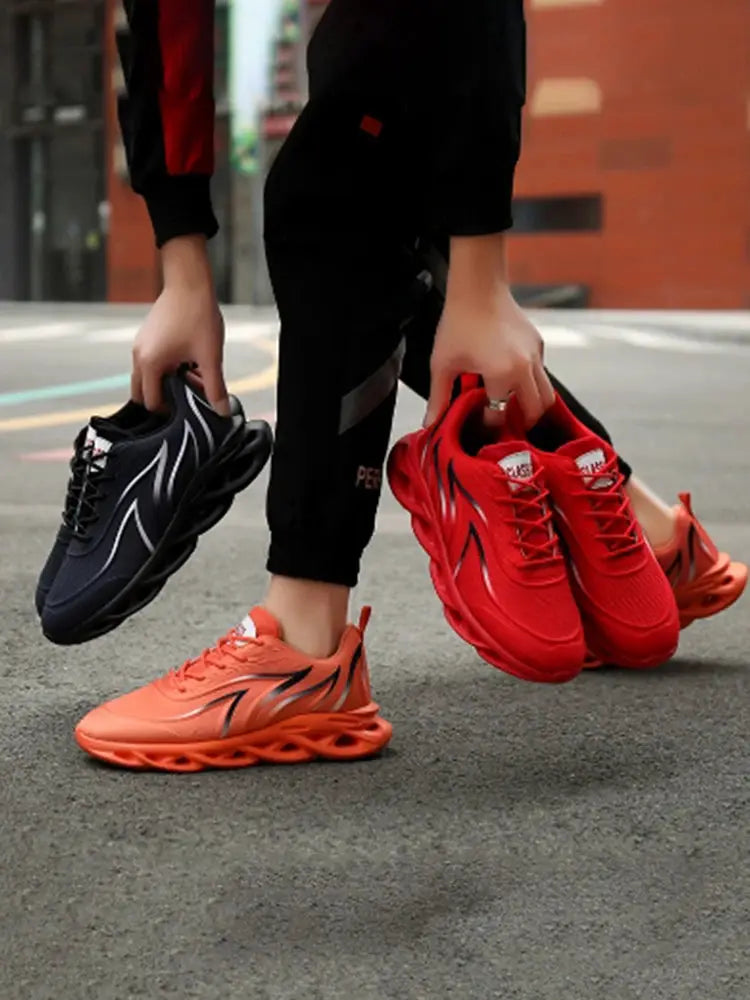Men's mesh running shoes in orange, red and black; three colorways shown, breathable outdoor sneakers