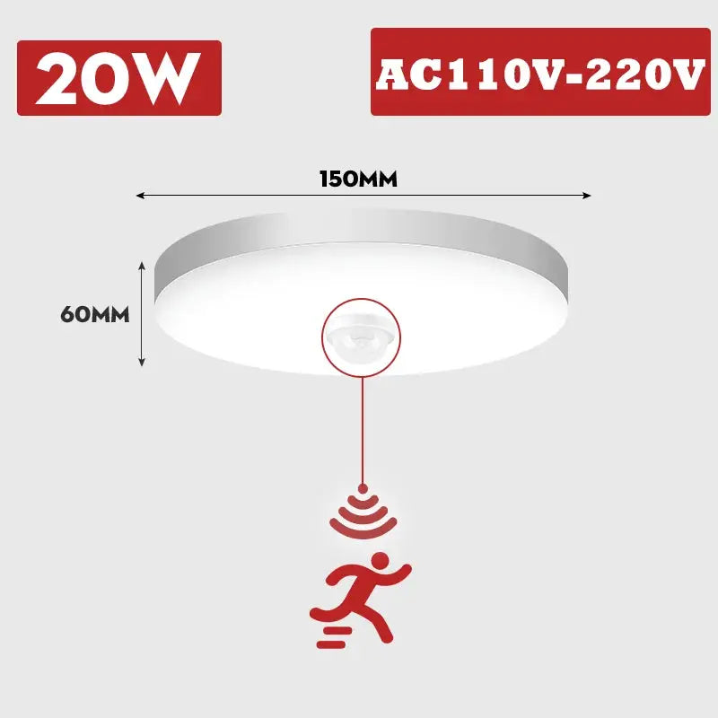 Motion sensor PIR LED ceiling lamp, 20W, AC110-220V, white round flush-mount