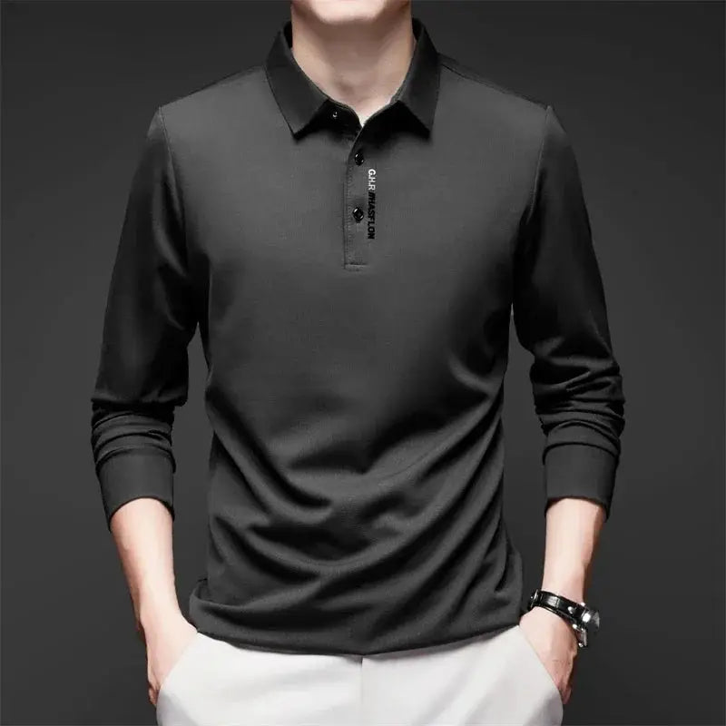 Men's business casual polo shirt, black long-sleeve with badge detail, Simples Market
