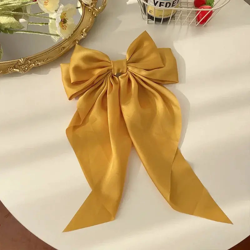 Korean Satin Bowknot Hair Clip For Women And Girls Long Ribbon Solid Color Barrette Hair Accessory