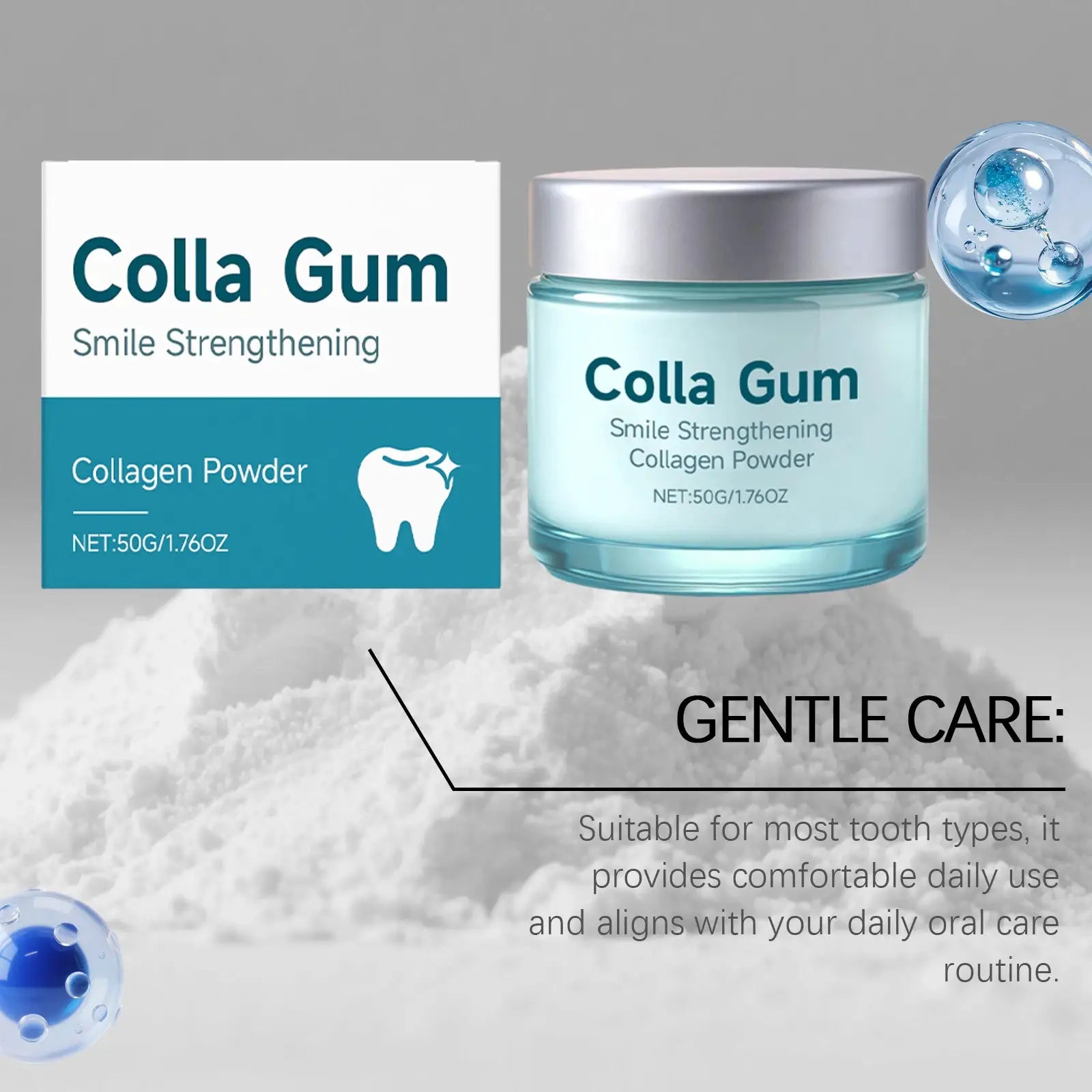 Colla Gum Smile Strengthening collagen powder box and jar by Simples Market, blue packaging