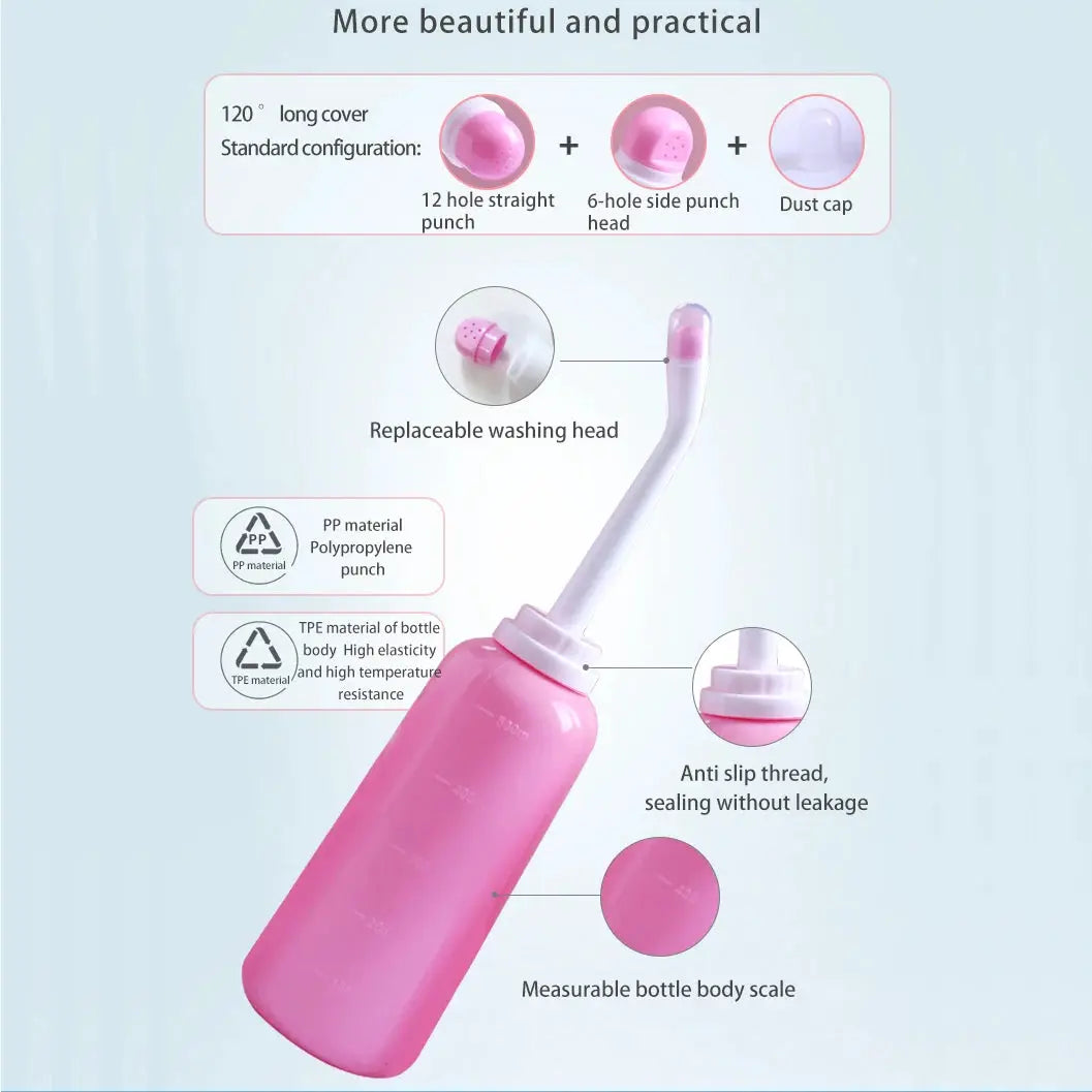Portable pink bidet by Simples Market with replaceable washing head and 500ml capacity