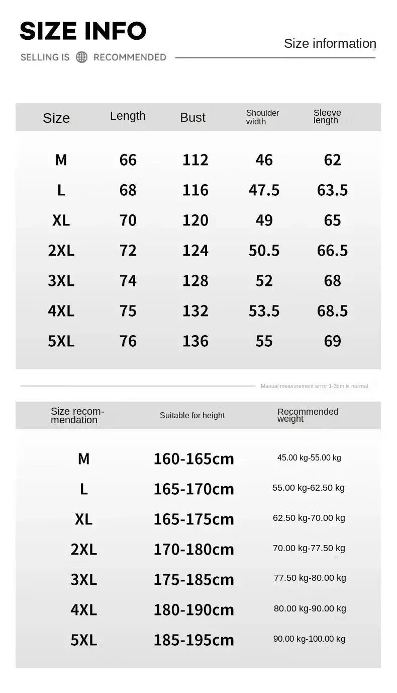 Baseball collar cotton jacket size chart for men by Simples Market, M–5XL with height/weight guidelines.