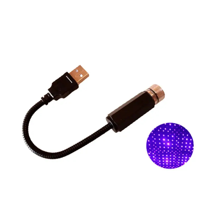 Car LED starry sky projector by Simples Market; USB-powered, black dongle with purple star projection.