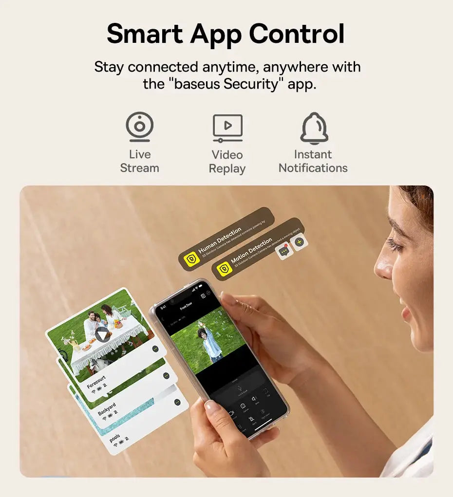 Baseus Security S2 outdoor camera app control; smartphone shows live video feed with instant notifications