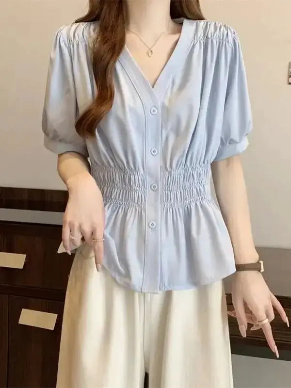 Simples Market women's light blue short-sleeve top with V-neck, button-front and smocked elastic waist