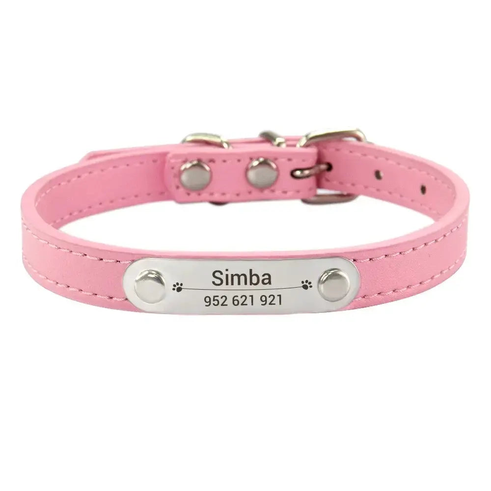 Personalized Dog Collar With Engraved Name ID Anti Lost PU Leather Pink For Small Medium Large Dogs And Cats