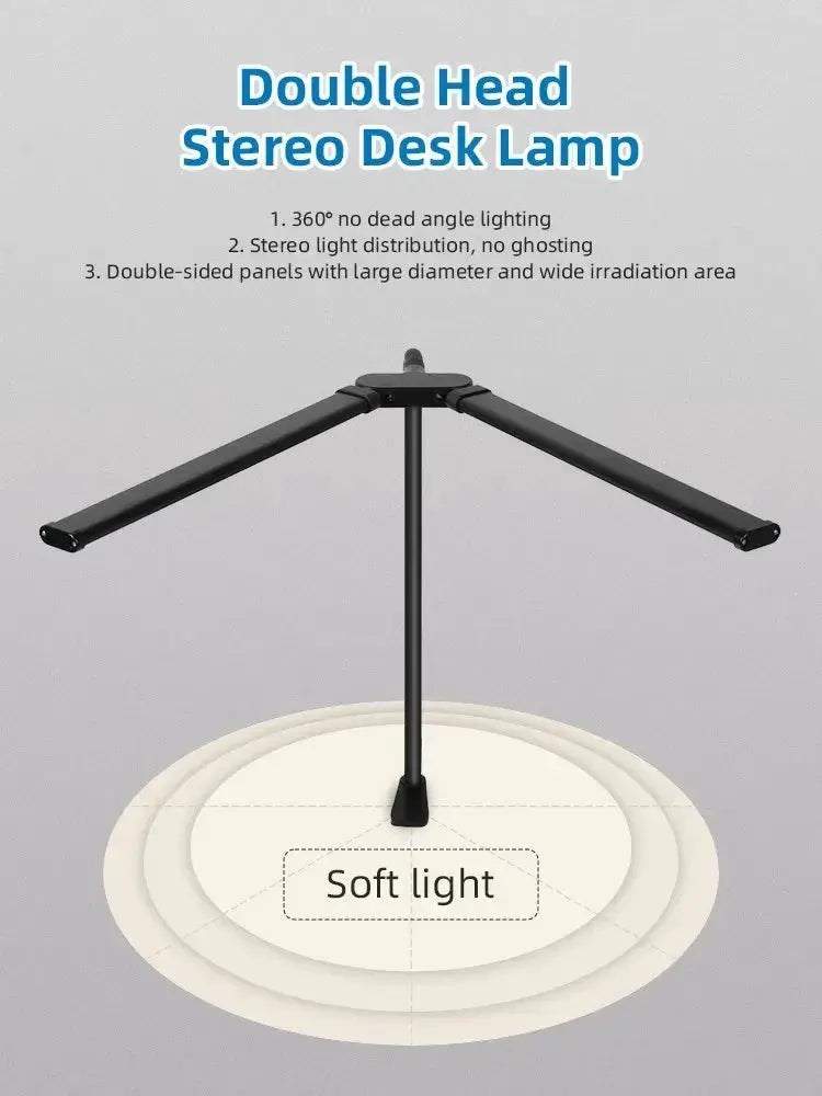 LED desk lamp by Simples Market with double-head arms, black finish, adjustable gooseneck, soft light