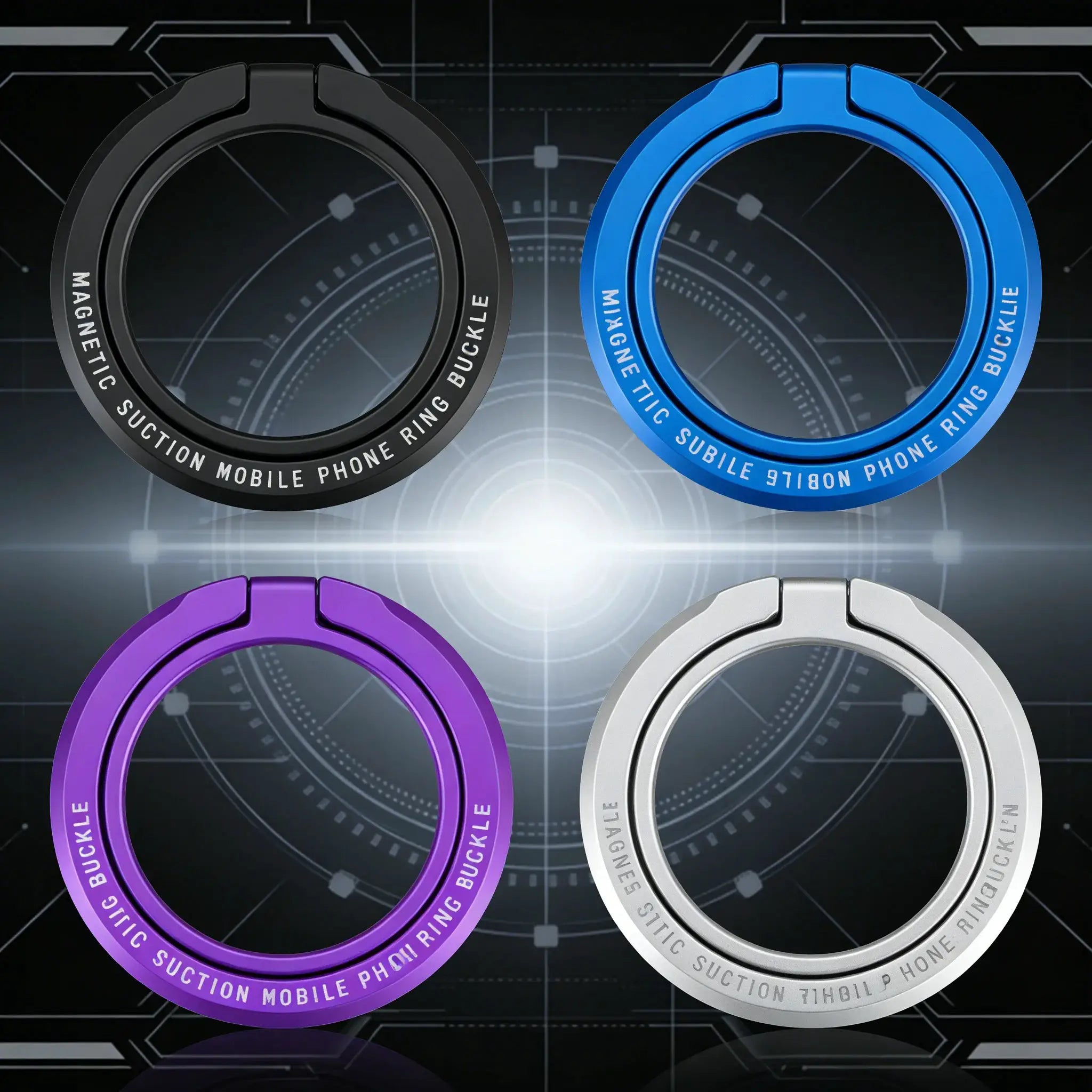 Magnetic phone ring holders in black, blue, purple, and silver; 4-pack