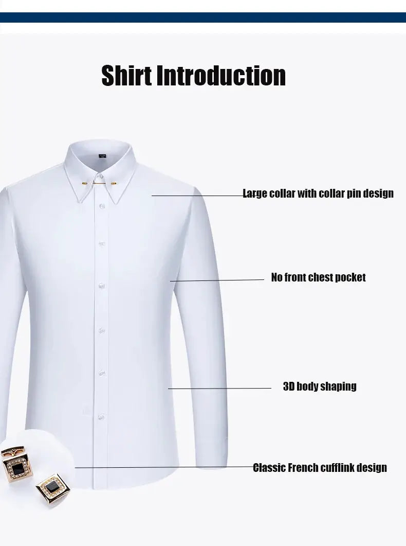 White long-sleeve dress shirt with collar pins and French cuffs by Simples Market; includes 2 cufflinks.