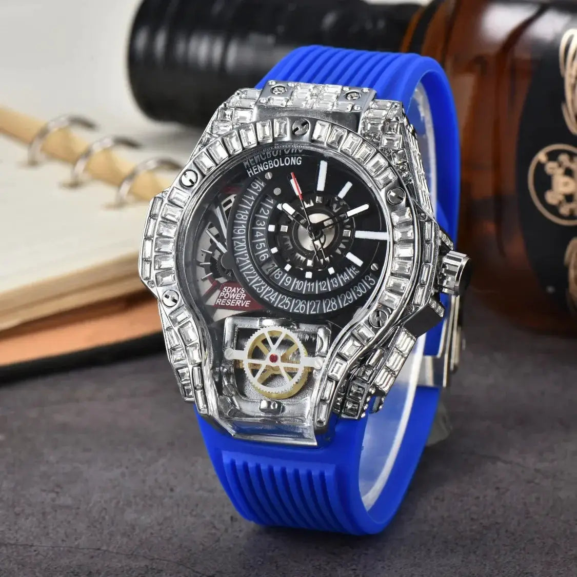 Diamond-studded men's watch with blue rubber strap and skeleton dial by Simples Market