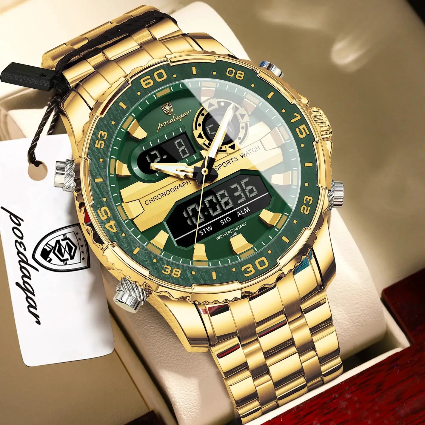 POEDAGAR gold-tone men's sports watch by Simples Market with green bezel and digital-analog display