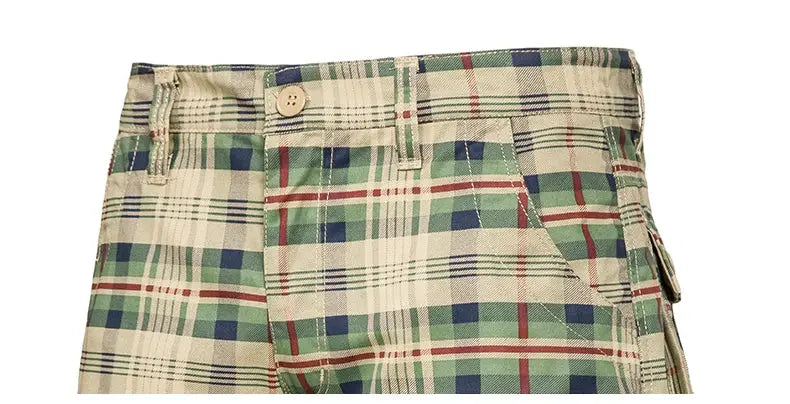 Men's plaid cotton cargo shorts in beige, green and blue with belt loops and pockets