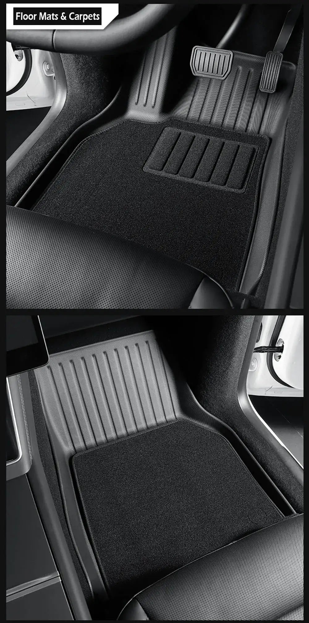 Tesla Model Y floor mats by Simples Market; black all-weather 2-piece set with door sill protection for 2025–2026