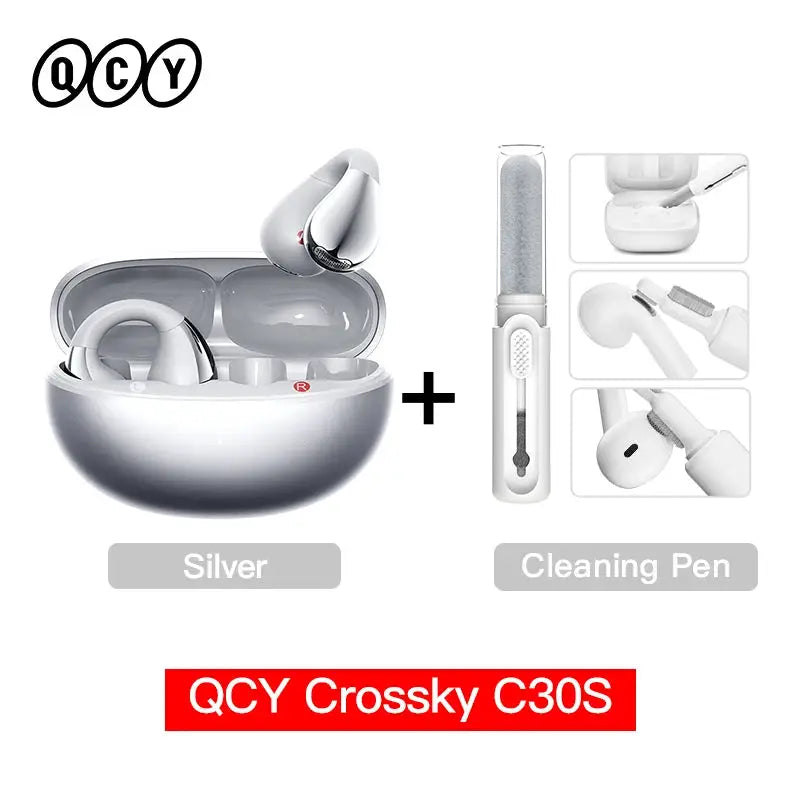 QCY Crossky C30S open-ear wireless earphones with silver charging case and cleaning pen kit