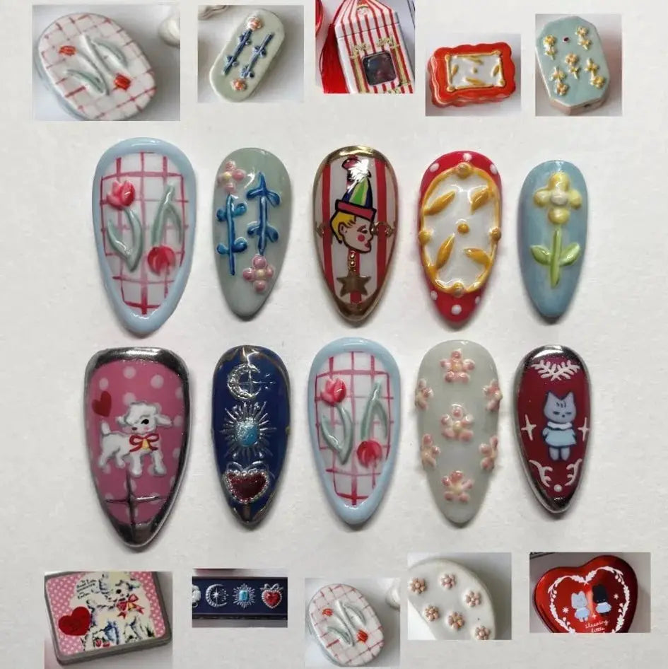 Spicy Girl Flower Print Press On Nails 24Pcs Wine Red Blush Almond Wearable Reusable False Nail Tips For Summer