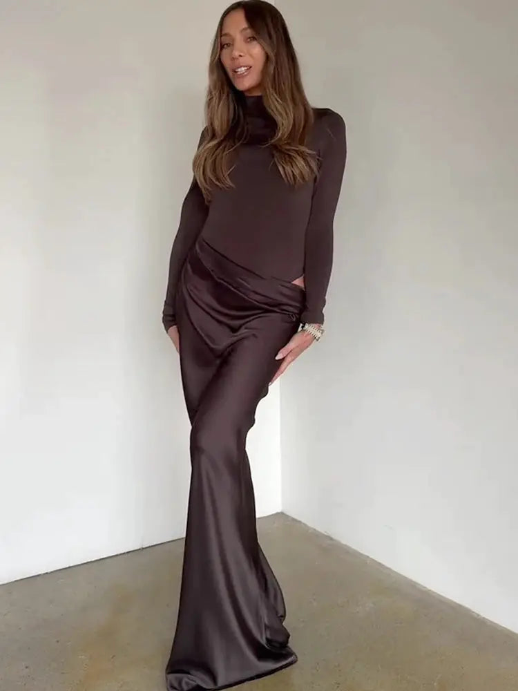 Julissa Mo Satin Hollow Out Maxi Dress Elegant Slim Fit Floor Length Party Clubwear