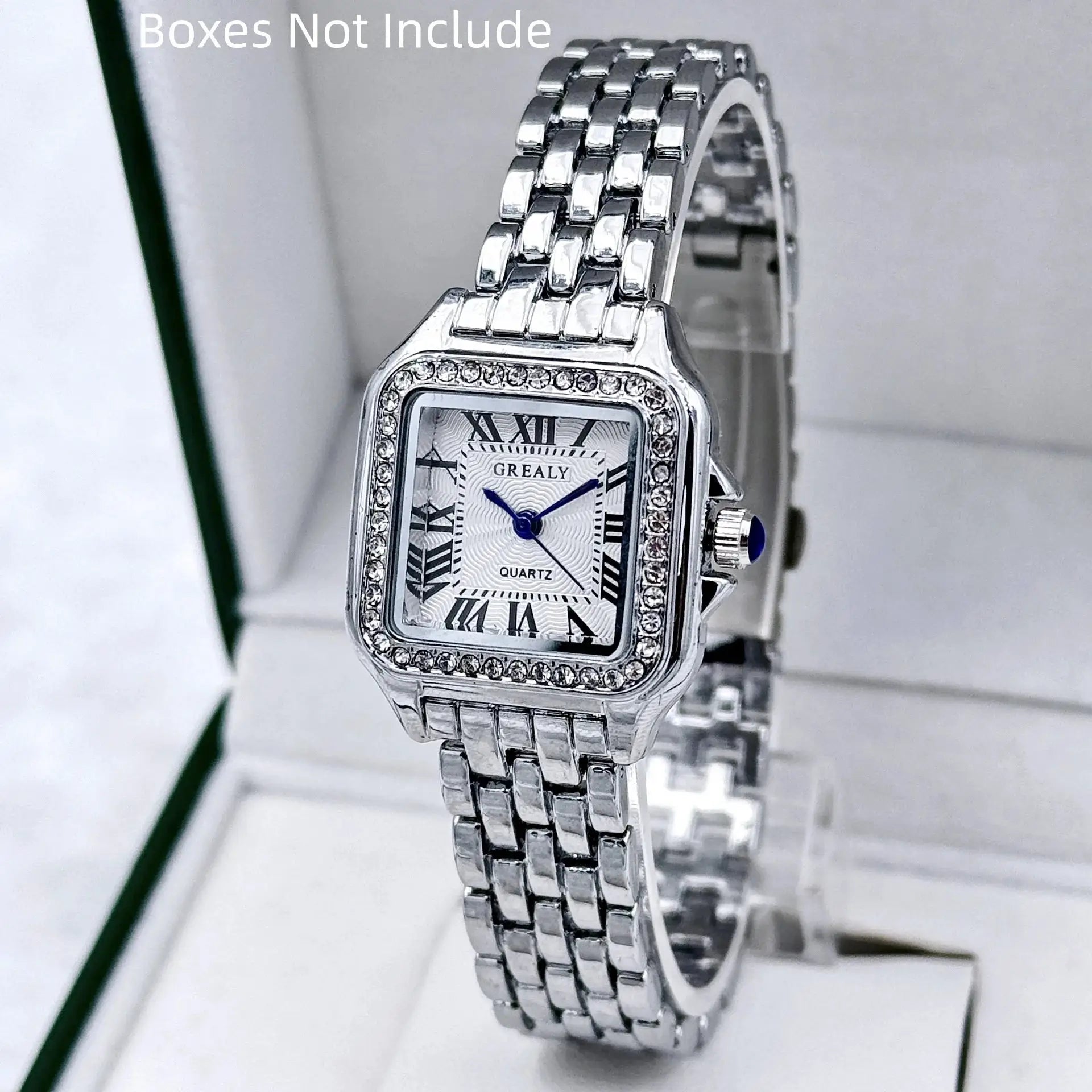 Women's stainless steel quartz watch with crystal bezel and silver bracelet, GREALY.