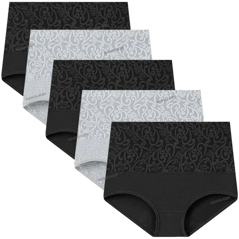 Plus-size women's high-waist cotton briefs, 5-pack in black and gray patterned design, soft breathable fabric