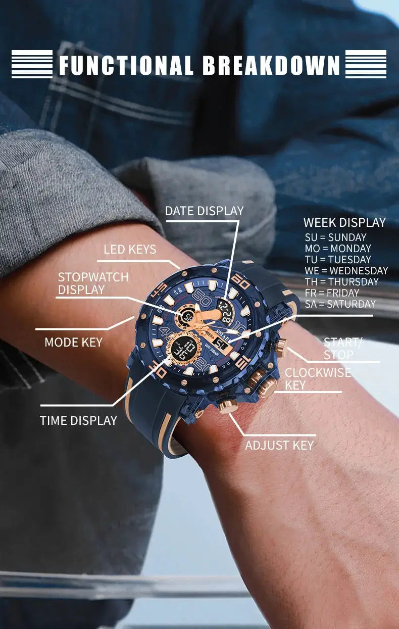 Men's blue military-style sport watch with 50m waterproof and digital-analog display