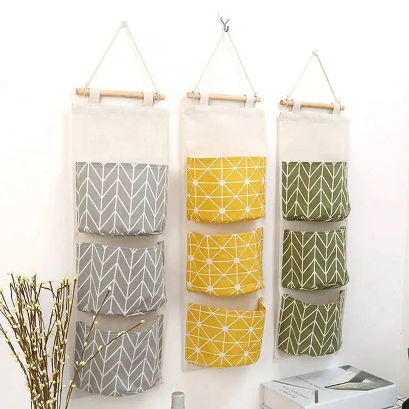 Three Pocket Hanging Wall Storage Bag Cotton Linen Organizer For Bedroom Living Room Kitchen Door Or Wall Mount - Simples Market