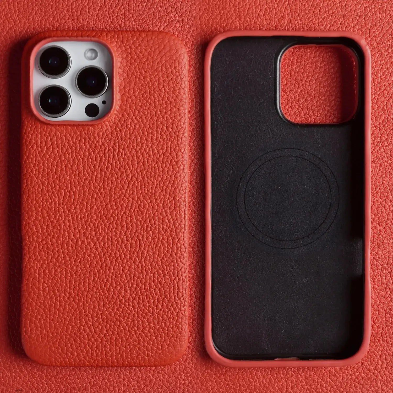 Luxury magnetic leather iPhone cases by Simples Market, two red textured covers with black interiors.