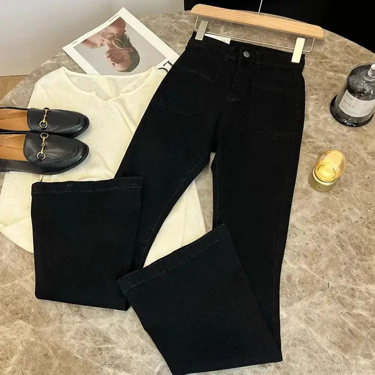 High Waist Loose Jeans Pockets Vintage Washed Denim Flare Trousers