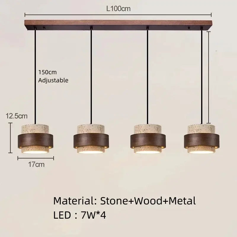 Japanese Wabi Sabi bar pendant lamp with four stone-wood-metal pendants on a wooden bar, adjustable 150 cm suspension