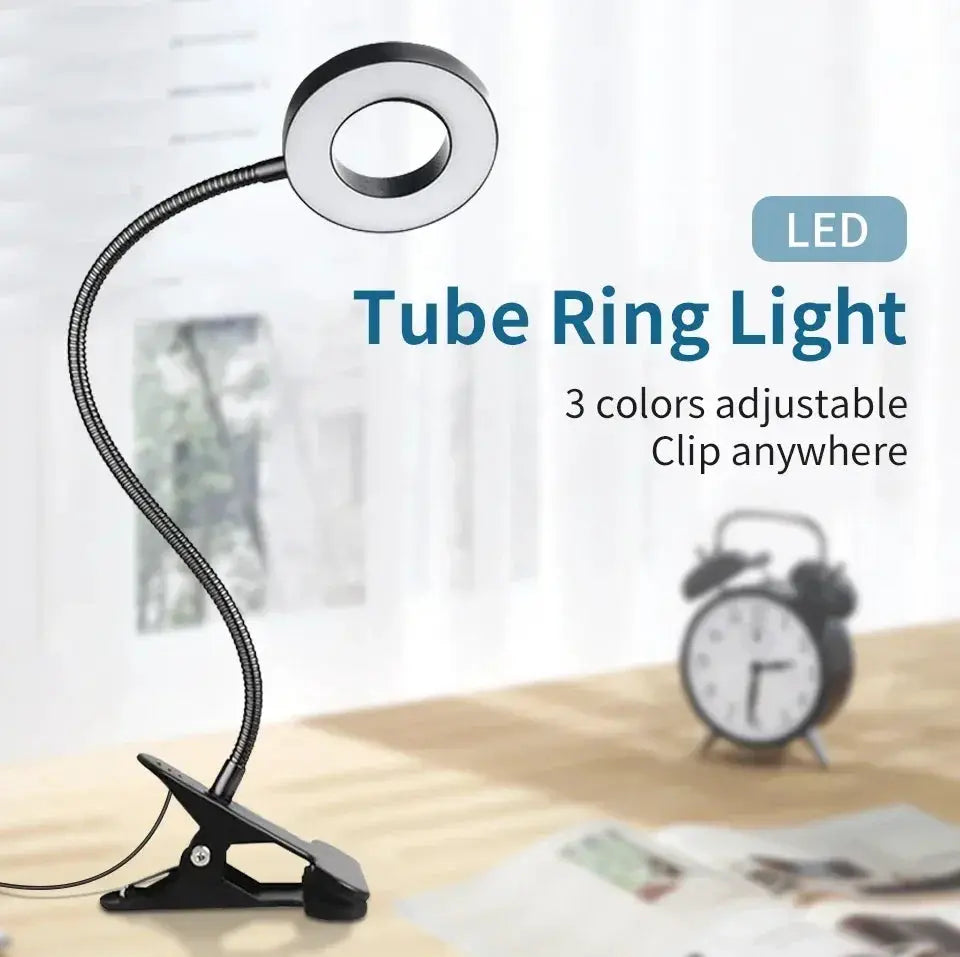 Simples Market LED desk clip study lamp with ring light, black, three-color adjustable settings.