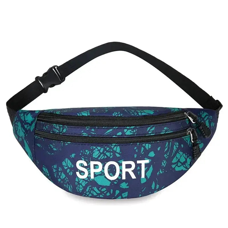 Sport waist pack with navy blue teal camo pattern, two zip pockets, and adjustable black strap