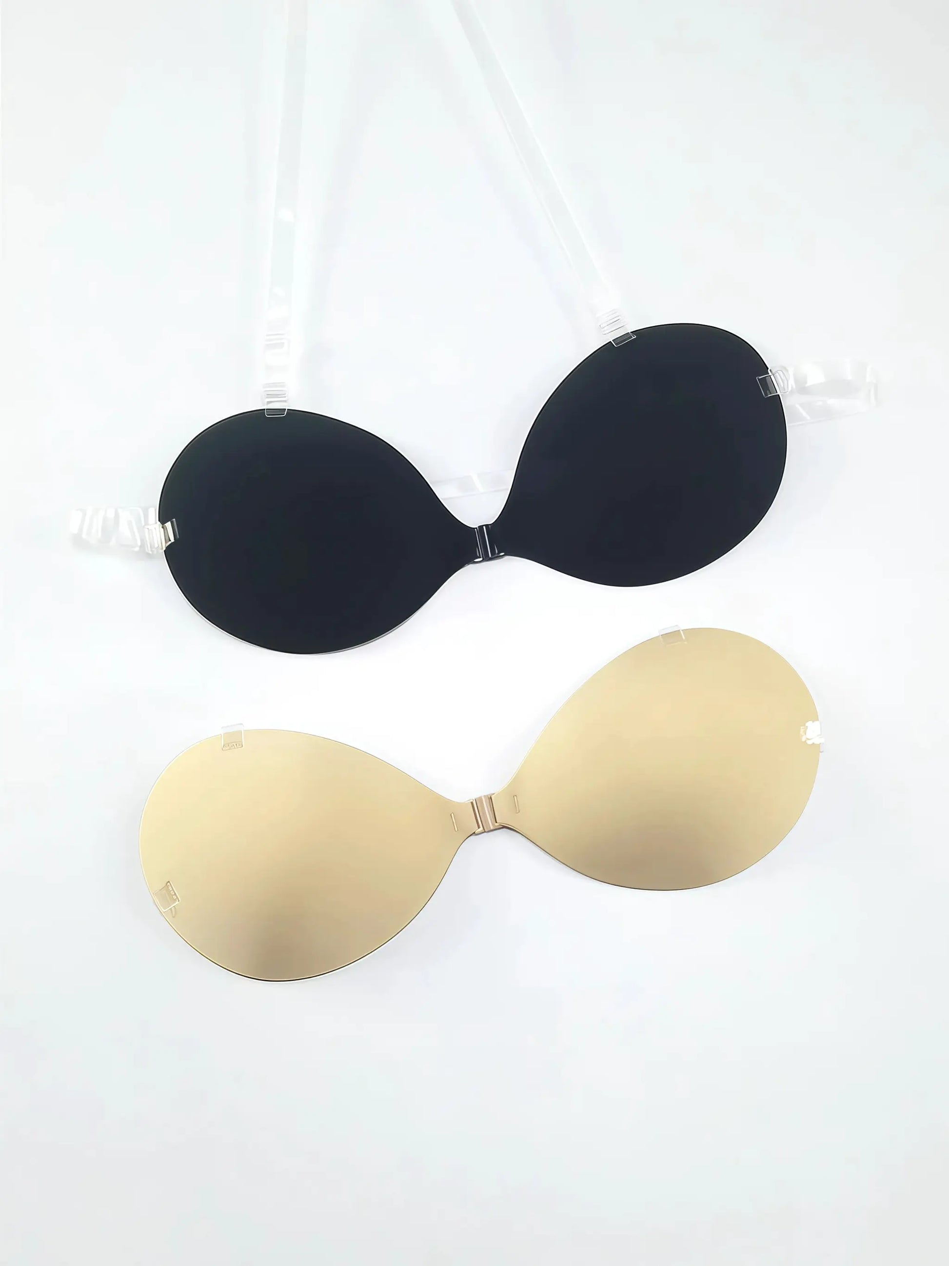 Simples Market invisible stick-on lift bras; black seamless strapless push-up with clear straps plus beige version (3 pieces)