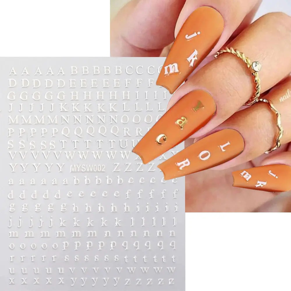 Simples Market 1pc 3D Roman letter nail stickers in gold, silver, black, laser colors; self-adhesive manicure decals