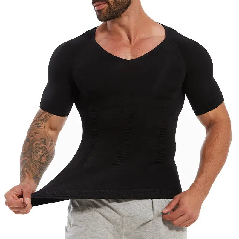 Men's black V-neck slimming compression shirt with torso shaping and tummy control.