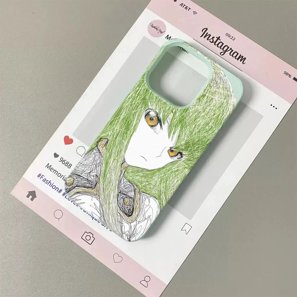 KawaiiCase Anime Sketch Green Haired iPhone Case For 11 Pro Max To 17 Pro Max Clear Half Wrapped Silicone Protection