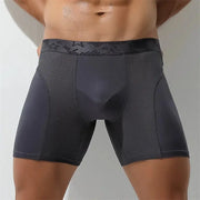 Men's extra-long boxer briefs, black breathable underwear with mesh panels