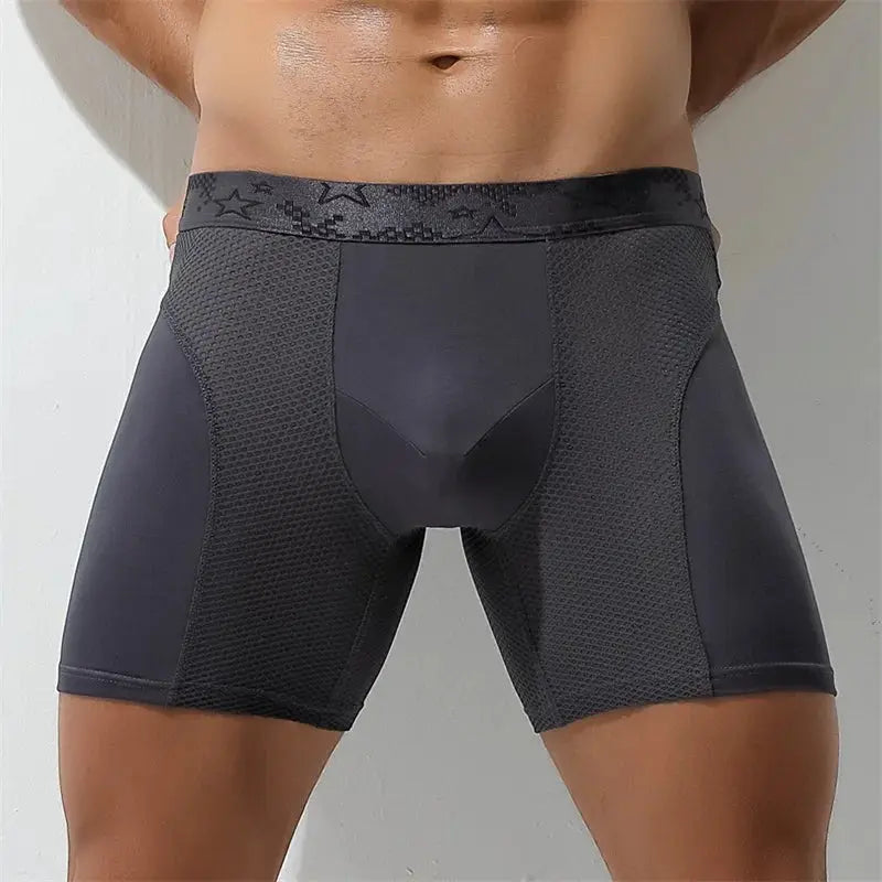 Men's extra-long boxer briefs, black breathable underwear with mesh panels