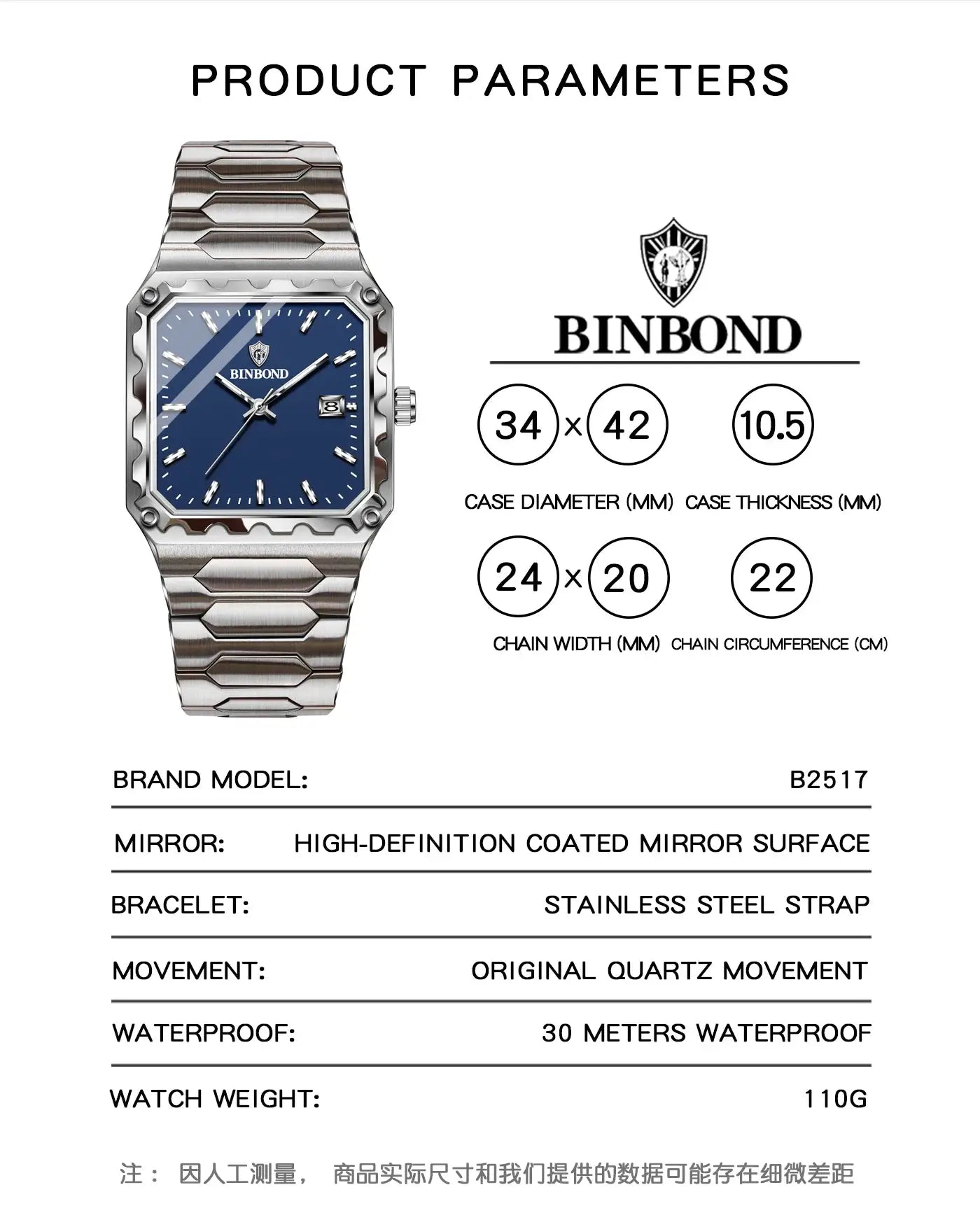 BINBOND men's wristwatch with blue dial, stainless steel bracelet, 30m waterproof