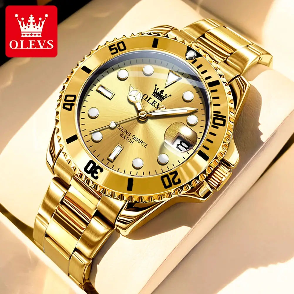 OLEVS men's gold-tone stainless steel watch with date window and luminous markers
