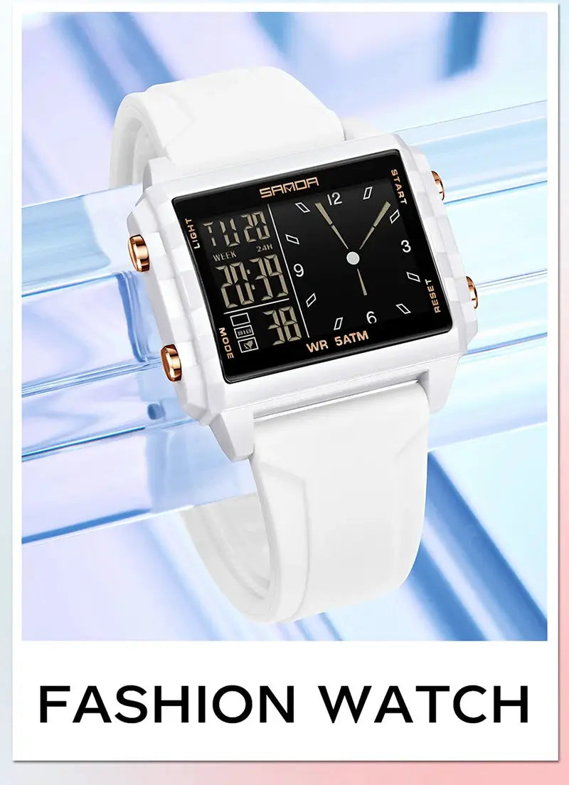 SANDA 6273 square dual-time wristwatch with white silicone band, black dial, analog/digital display, 5ATM