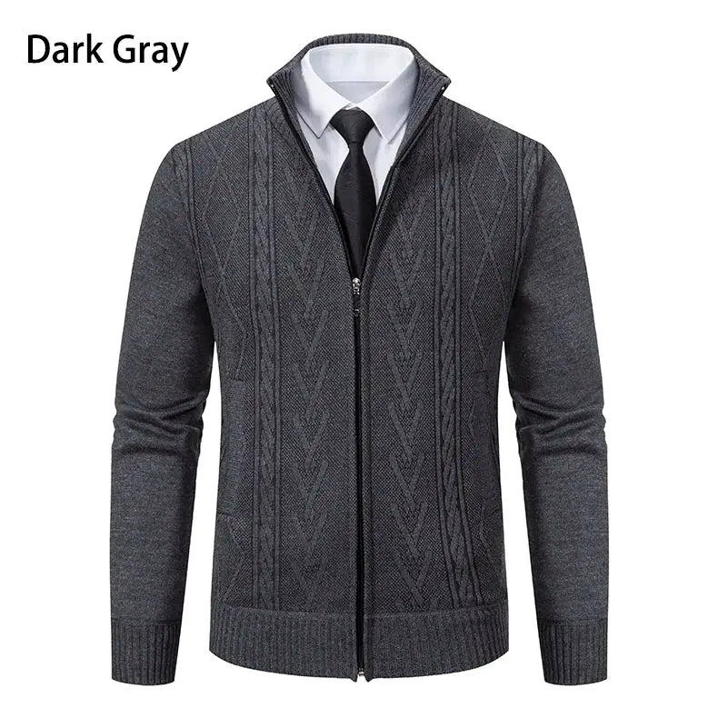 Men's dark gray knitted zip-up sweater coat with cable-knit pattern