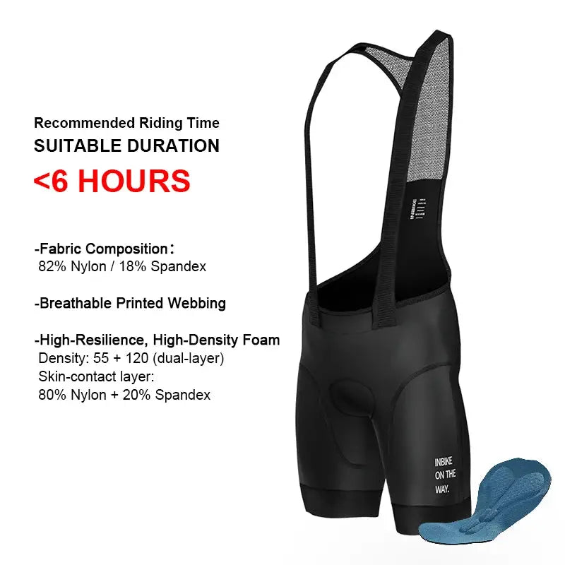 INBIKE black MTB cycling bib shorts with mesh suspenders; blue flip-flops shown for scale on white background.