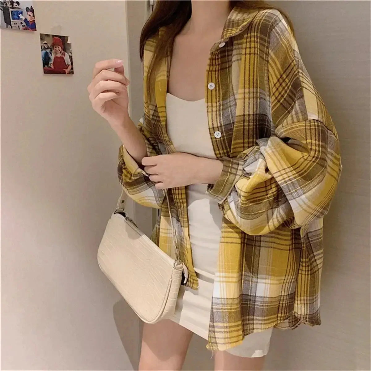 Korean plaid blouse for women, yellow check long-sleeve shirt paired with white top and beige bag