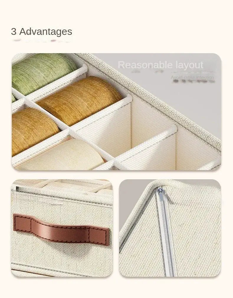 Simples Market fabric drawer organizer with dividers in beige canvas, zipper closure and brown strap.