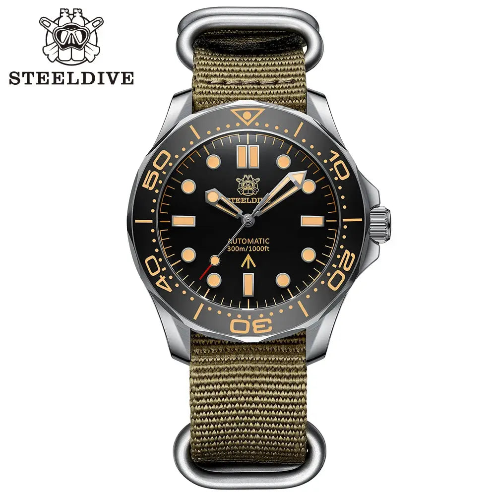 STEELDIVE SD1957 dive watch, 42mm, automatic, black dial, ceramic bezel, olive nylon strap